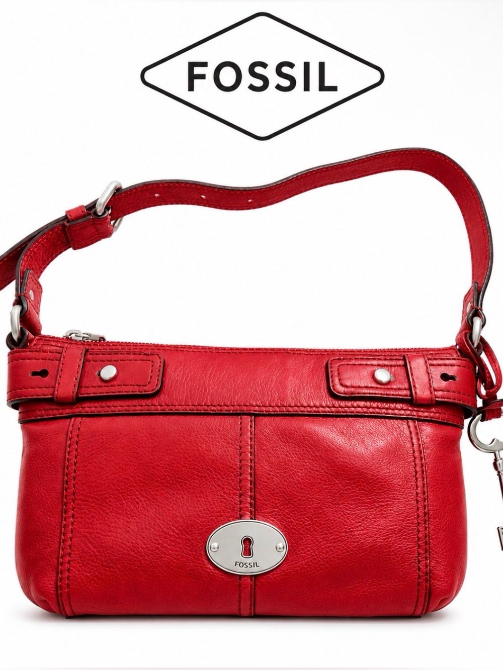 Fossil Red Leather Shoulder Bag with Silver Hardware
